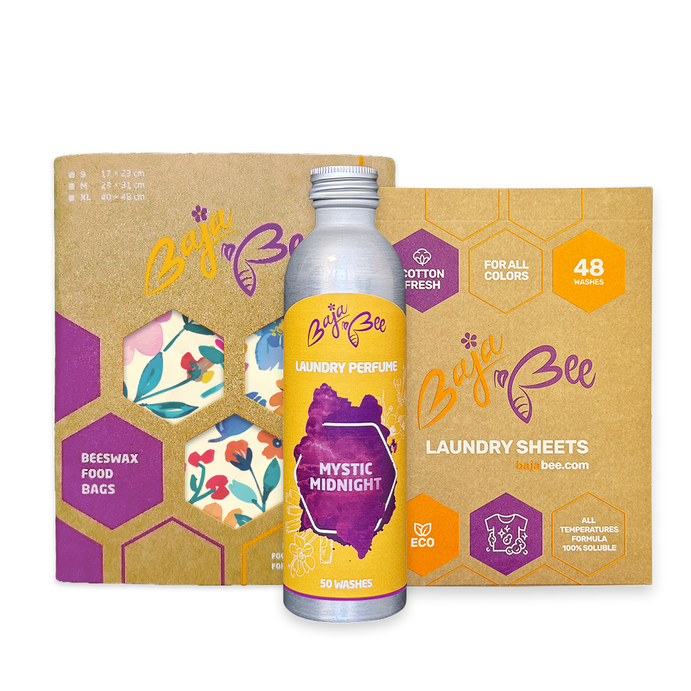 BajaBee Eco Set | Vrečka iz čebeljega voska + Trakovi za pranje perila + Parfum za pranje